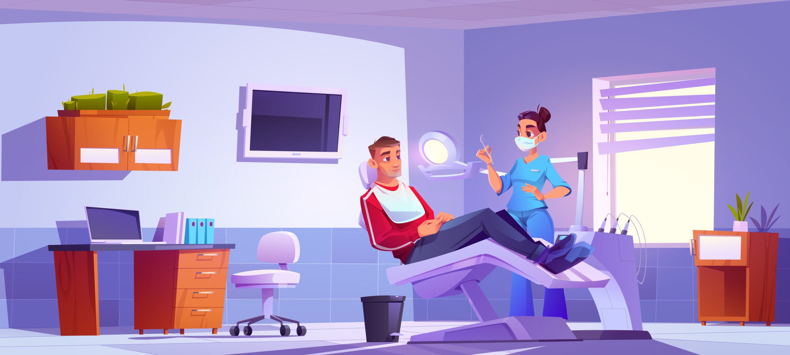 Dentist with patient care of toothache in cabinet