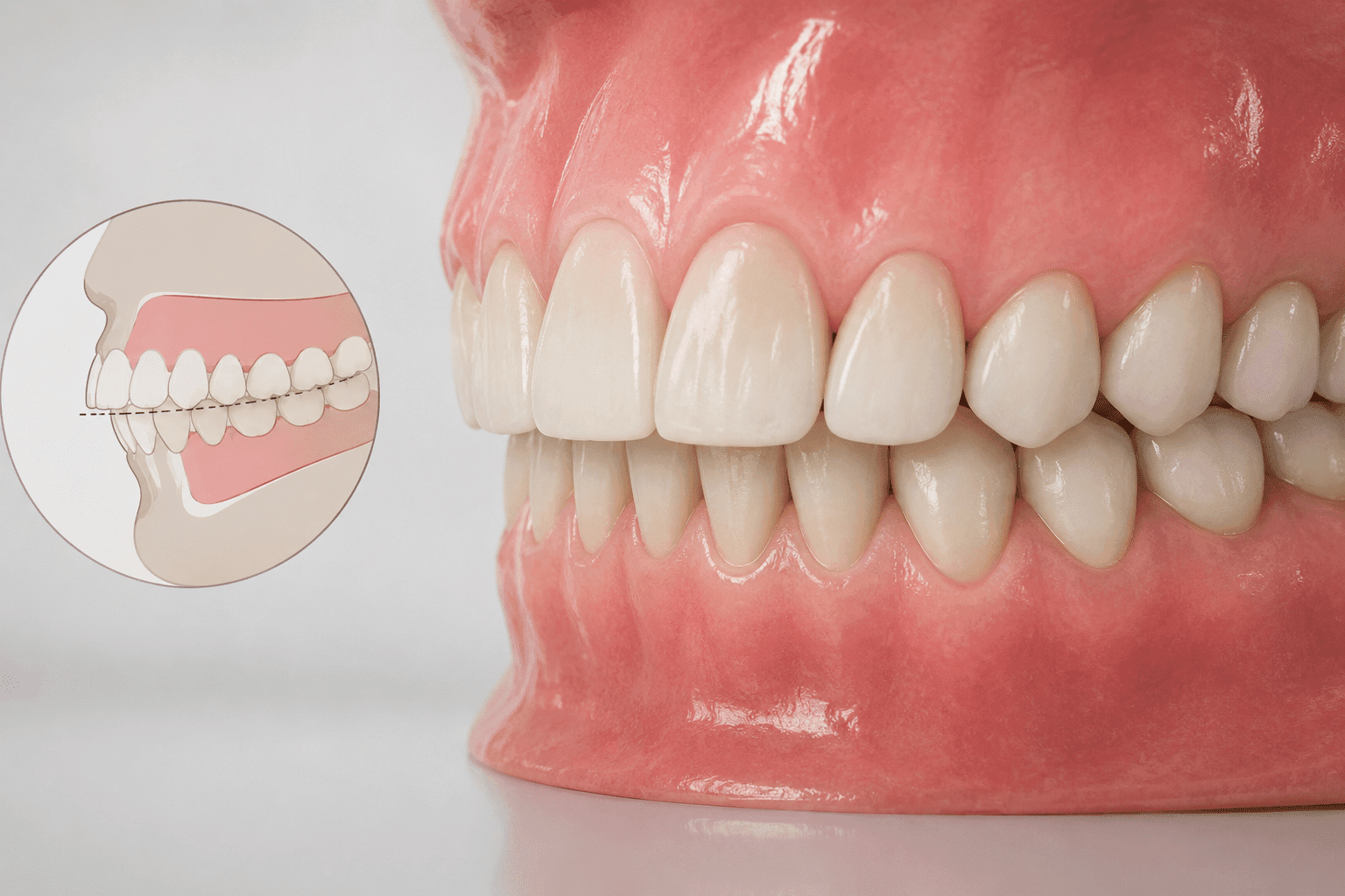 Clinician reviewing a 3D digital setup showing deep bite correction with clear aligners and palatal bite ramps