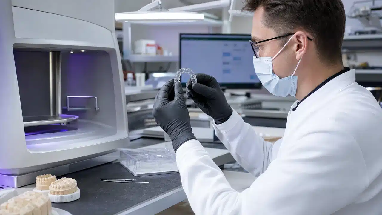 Dental Manufacturing Technician Inspecting Clear Aligners In A Digital Lab