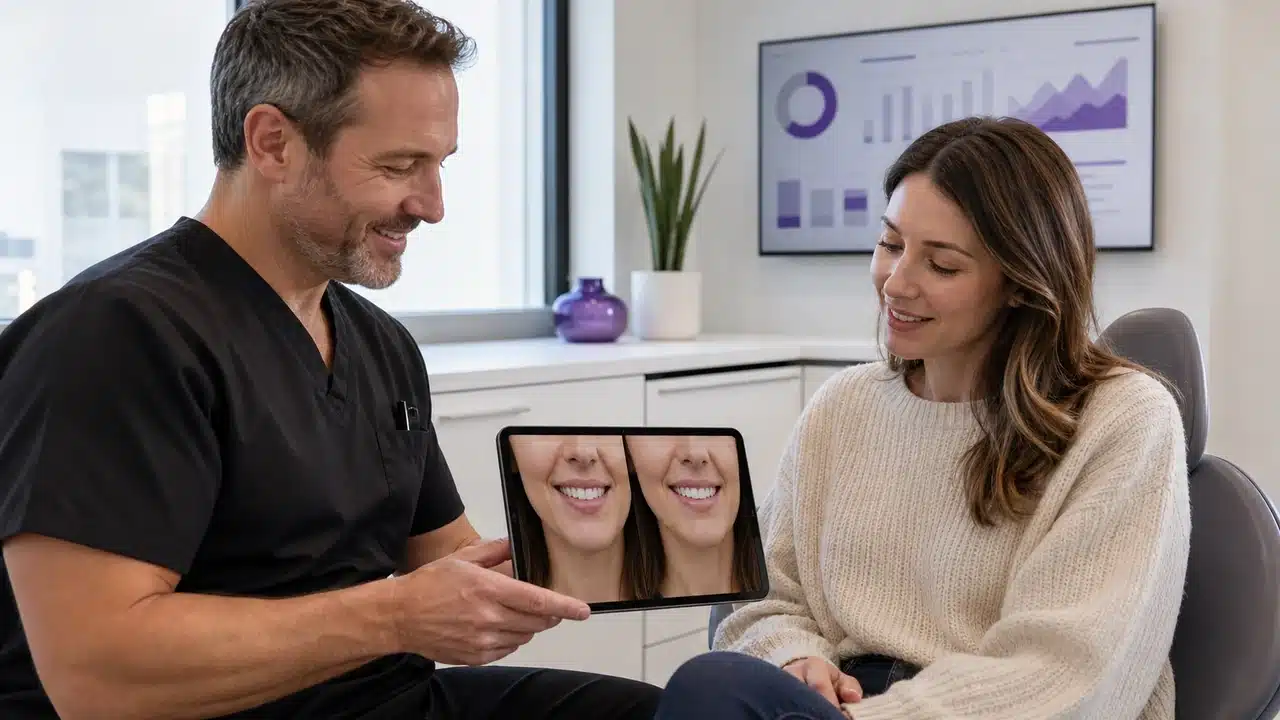 Cosmetic Dentist Reviewing A Digital Treatment Preview With A Patient
